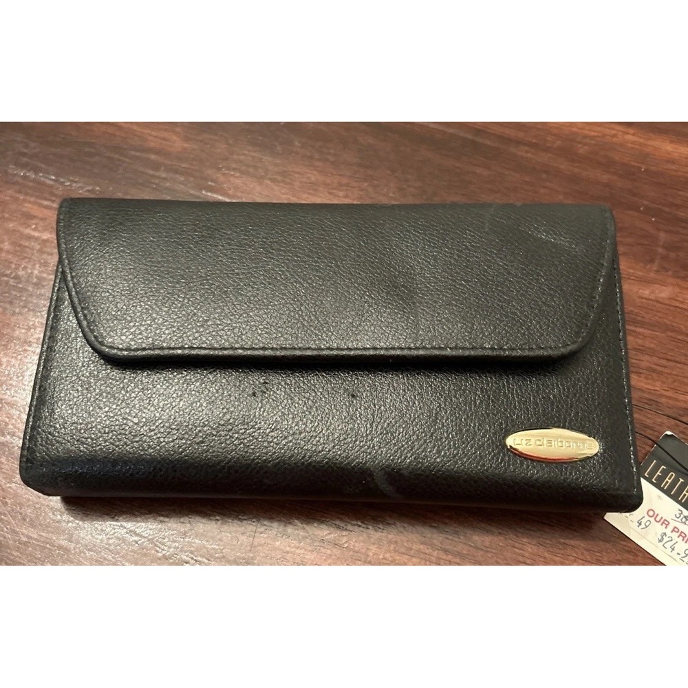 Vintage NEW Liz Claiborne Leather Tri-Fold Wallet Black Gold Color